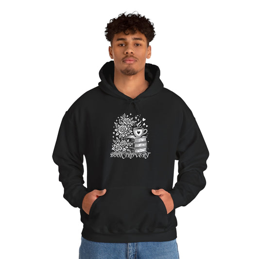 Book-vert Hoodie — Cozy Reader Sweatshirt with Stacked Books & Floral Design