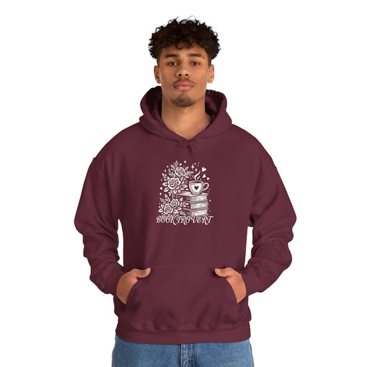Book-vert Hoodie — Cozy Reader Sweatshirt with Stacked Books & Floral Design